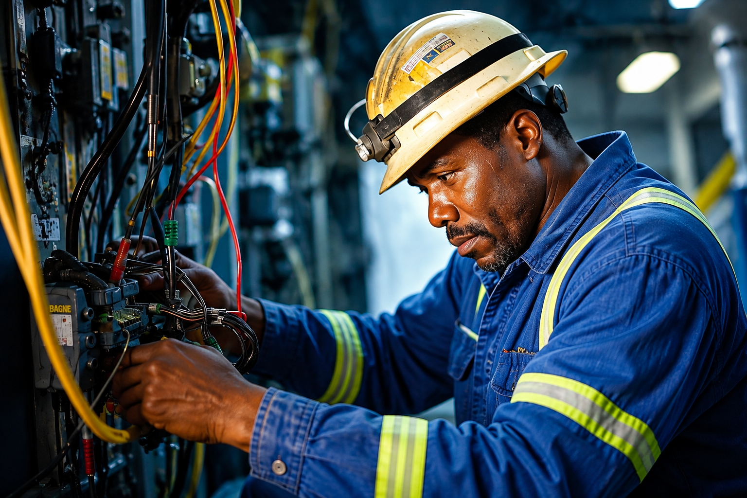 Electrical technician terminating cables inside an industrial control panel